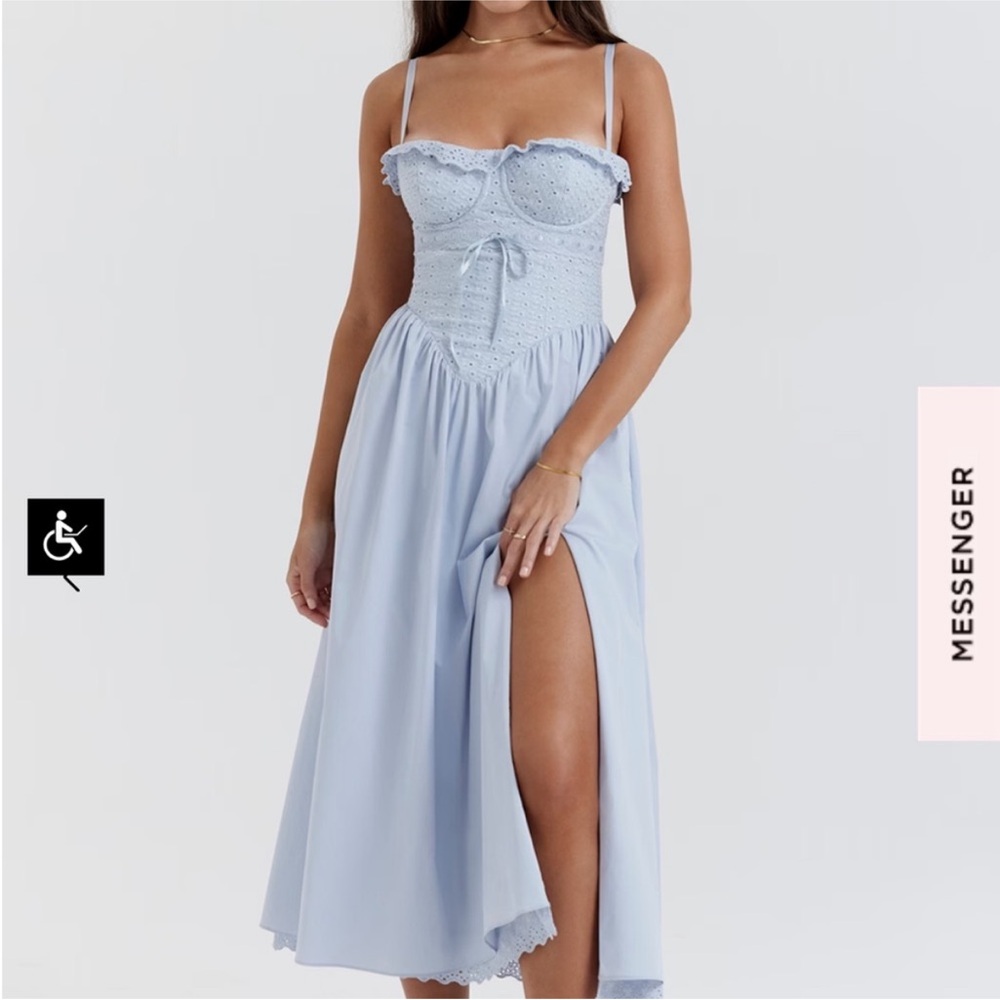 House of CB Jaime Soft Blue Cotton Broderie Anglais Midi Sundress XS A-C Cup